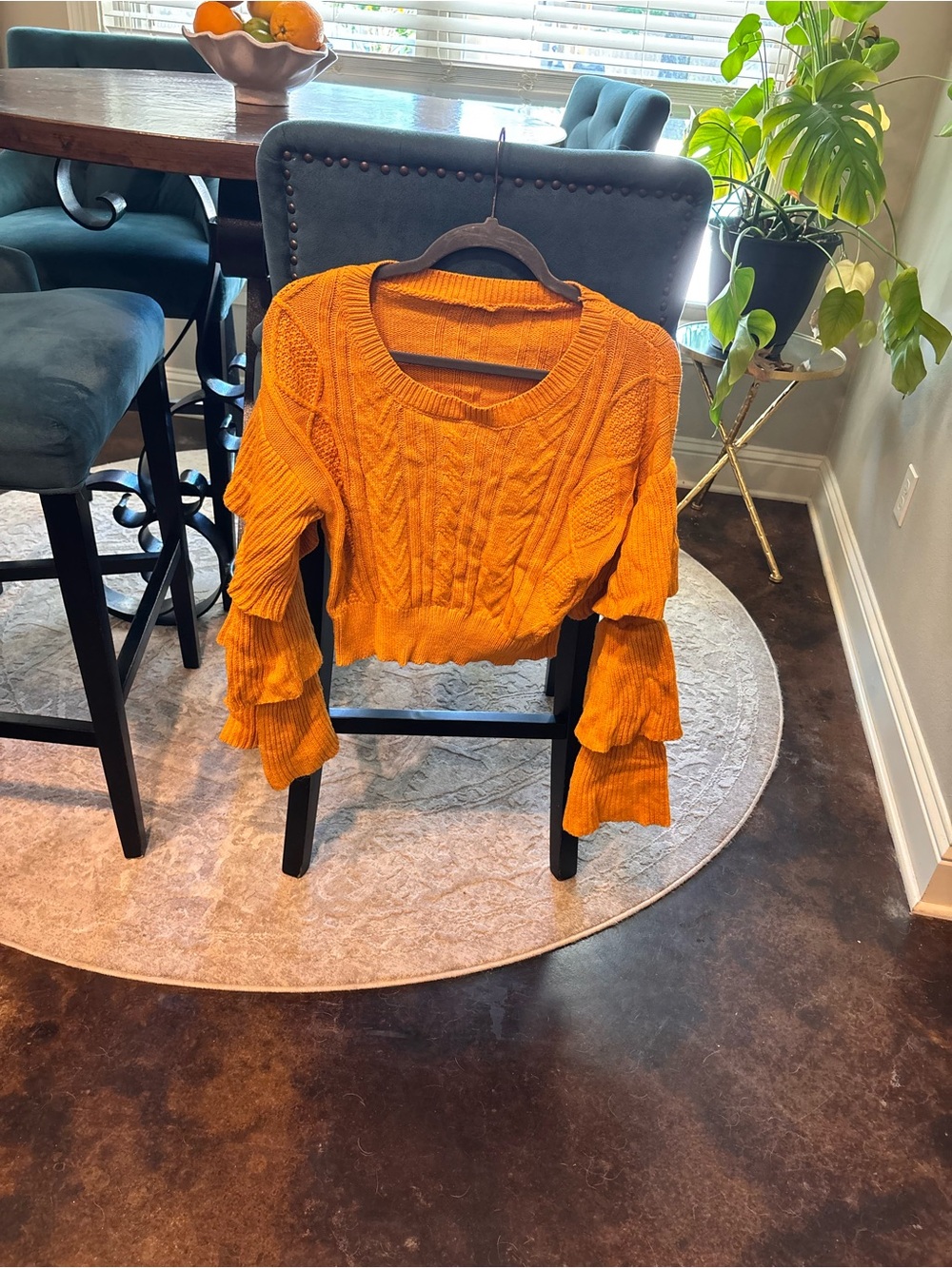 Anthropologie Mustard Cable-Knit Cropped Sweater with Tiered Ruffle Sleeves